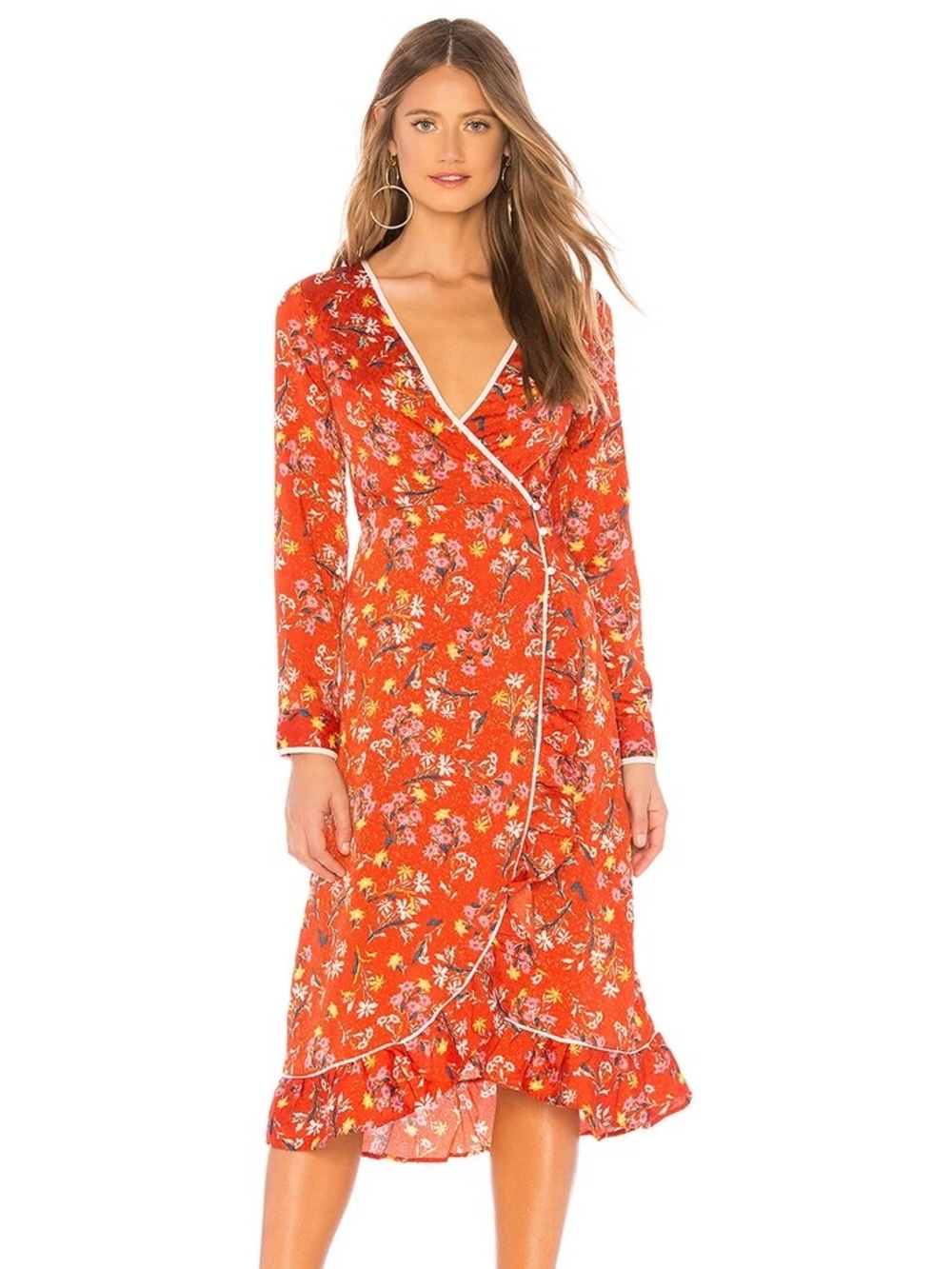 Free People Orange Floral Wrap Midi Dress with Pink & Yellow Prints